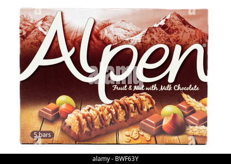 Schachtel 5 Alpen Frucht und Nuss Schoko-Riegel Stockfoto