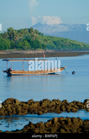 Ein Tauchgang Boot wartet vor der Küste von Nordwesten Bali in das Dorf Pemuteran verankert. Ein Vulkan auf der Insel Java. Stockfoto