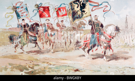 Reiter mit Banner der Hanse und der Städte, die Liga angehören. 16. Jahrhundert. Stockfoto