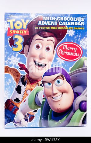 Ein Toy Story 3-Adventskalender mit Schokolade auf einem weißen Hintergrund Stockfoto