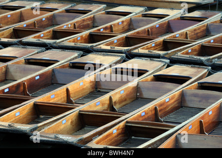 Flotte von leeren Stocherkähne auf dem Fluss Cam in der Stadt Cambridge Stockfoto