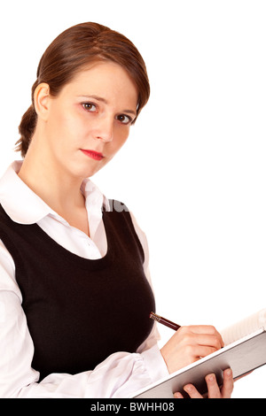 Business-Frau schreibt im Editor. Isoliert auf weißem Hintergrund. Stockfoto