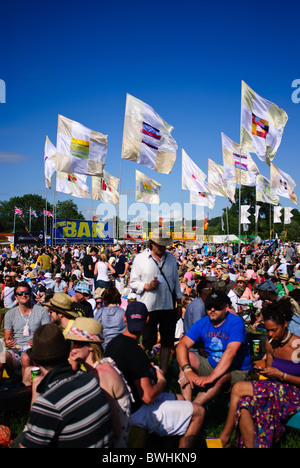 Fahnen und Menschenmassen beim Glastonbury Festival 2010 Stockfoto