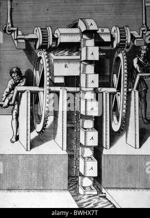 Illustration von Theatrum Machinarum Novum 1661 durch Georg Andreas Böckler; Eine Kette oder Seil Waschmaschine Pumpe oder paternoster Stockfoto