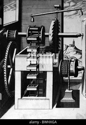 Illustration von Theatrum Machinarum Novum 1661 durch Georg Andreas Böckler; Eine Kette oder Seil Waschmaschine Pumpe oder paternoster Stockfoto