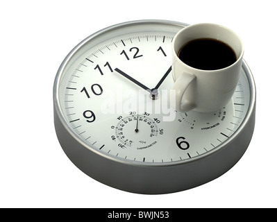 Kaffeepause am Vormittag, Tasse Kaffee und Uhr Stockfoto