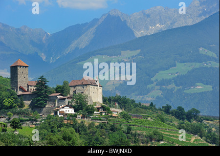 Die Burg Schloss Tirol und die Apfelplantage in Dorf Tirol / Dorf Tirol, Dolomiten, Italien Stockfoto