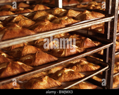 Frisch gebackenes Gebäck auf Backblechen in Bäckerei Stikkenwagen Stockfoto