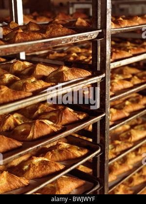 Frisch gebackenes Gebäck auf Backblechen in Bäckerei Stikkenwagen Stockfoto