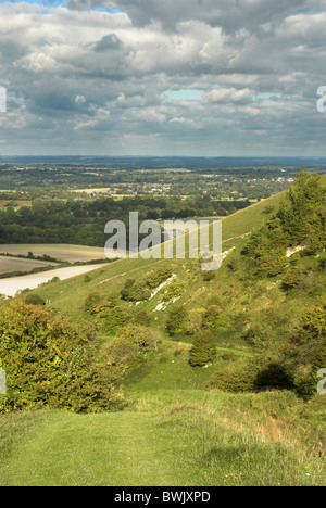 Blick auf die Sussex Weald von Rackham Hügel in den South Downs National Park in West Sussex. Stockfoto