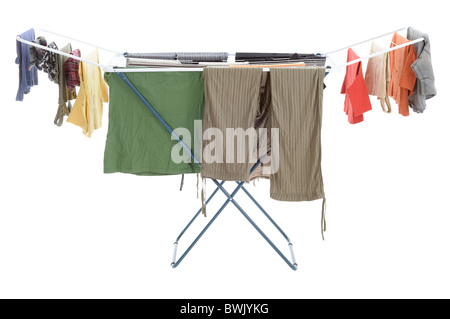 Trocknen von Wäsche Kleidung auf dem Wäscheständer Stockfoto