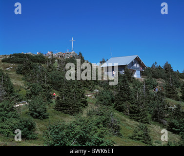 Grosser Arber Touristen Reisende Bergspitzen Gipfelkreuz Ansicht Rock Landschaft Zwieseler Hütte Bayrisch Eisenstein Stockfoto