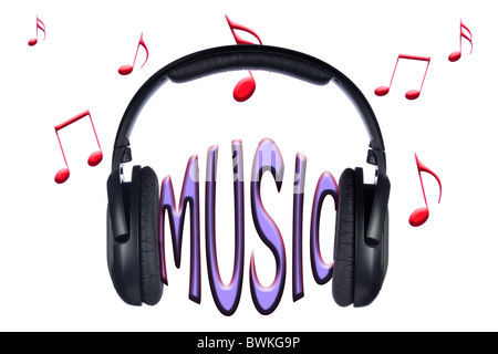 Ein paar Kopfhörer mit dem Wort Musik innen und Hinweise rund um. Stockfoto