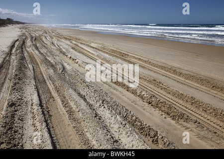 Australien, Abdrücke Queensland, Fraser Island, Reifen auf den Sandstrand Stockfoto