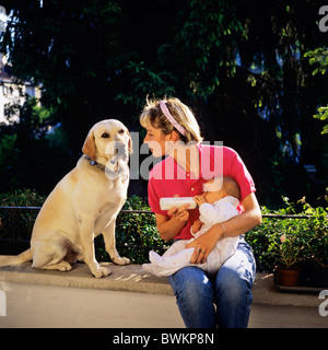 HERR JUNGE MUTTER MIT DER FLASCHE FÜTTERN IHR BABY UND LABRADOR GOLDEN RETRIEVER HUND Stockfoto