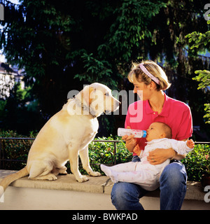 HERR JUNGE MUTTER MIT DER FLASCHE FÜTTERN IHR BABY UND LABRADOR GOLDEN RETRIEVER HUND Stockfoto