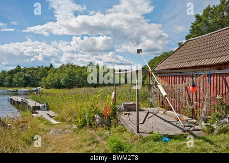 Schweden Stockholm Archipel Norrora Insel Fischer Fischer Boot Hütte Netzfischerei Fischerei Stockfoto