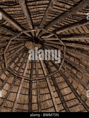 Blickte an die Decke von innen einem traditionell gebauten großer in Tarangire, Tansania Raum. Stockfoto