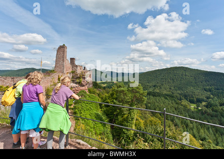 BLICK AUF BURG GRAFENDAHN, GRUPPE VON BURGEN IN DER NÄHE VON DAHN, DAHNER FELSENLAND, PFÄLZER WALD, PFALZ, RHEINLAND-PFALZ, DEUTSCHLAND Stockfoto