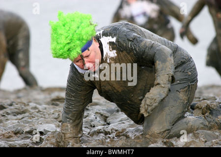 lady in einer grünen Perücke mit Schlamm bedeckt kriechen entlang Im Maldon Schlammrennen Stockfoto