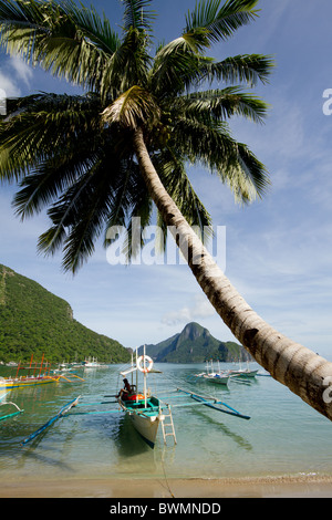 Eine Palme beugt sich ein Strand mit einer traditionellen philippinischen Bangka Boot im Vordergrund. Stockfoto