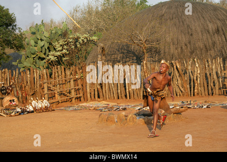 Zulu Krieger wirft einen Speer, Shakaland Zulu-Dorf, Nkwalini Tal, Kwazulu Natal, Südafrika. Stockfoto