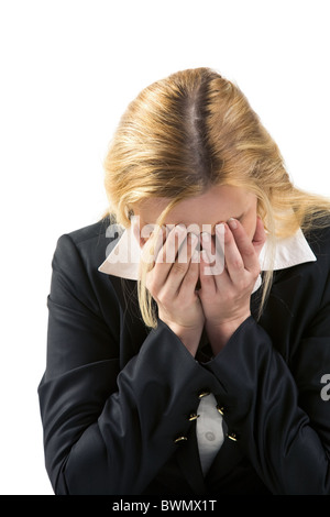 Foto von depressiven Frau übersteigt, die sich durch Probleme in der Wirtschaft Stockfoto