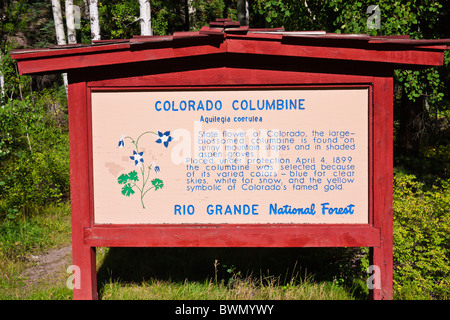 Colorado Akelei interpretierende Zeichen, Rio Grande National Forest, Colorado Stockfoto