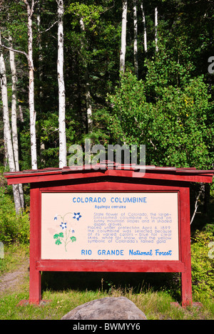 Colorado Akelei interpretierende Zeichen, Rio Grande National Forest, Colorado Stockfoto