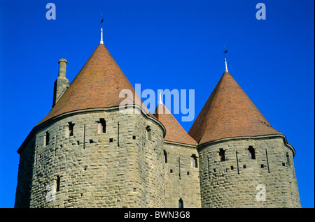 Frankreich Europa Carcassonne Porte Narbonaise Aude UNESCO Weltkulturerbe Albigensian Kreuzzug Architektur Stockfoto