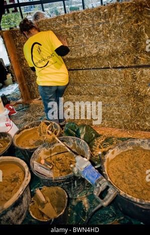 Paris, Frankreich, ökologische Bauausstellung, natürliche Wandisolierungsprodukte, französisches Unternehmen für Strohbau, Detail, Ausrüstung, man installiert grüne Jobs Stockfoto
