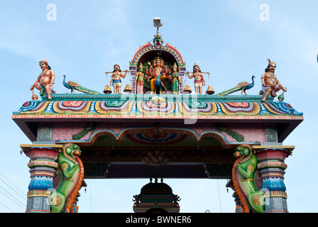 Stuckarbeiten in Herrn Subrahmanya; Muruga Tempel in Kanchipuram; Kancheepuram, Tamil Nadu, Indien. Stockfoto