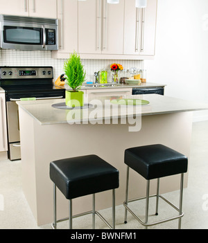 Moderne Küche Interieur mit Insel und natürlichen Stein Arbeitsplatte Stockfoto