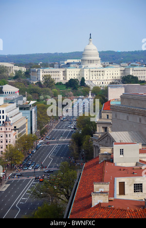 Pennsylvania Avenue, Washington DC, Luftaufnahme mit Kapitol-Gebäude und Straße Stockfoto