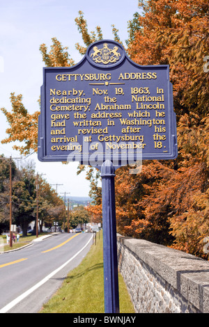 Historisches Plakat über die Gettysburg Address 1863 bei Gettysburg Pennsylvania PA im Frühherbst. Stockfoto