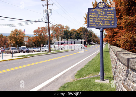 Historisches Plakat über die Gettysburg Address 1863 bei Gettysburg Pennsylvania PA im Frühherbst. Stockfoto