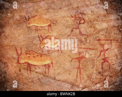 prähistorische Farbe mit Jägern und Tiere Stockfoto