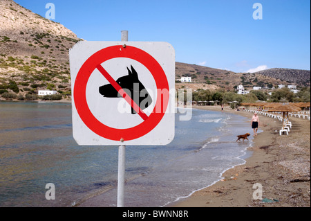 "Hunde sind nicht erlaubt" Schild am Strand Galissas, griechischen Kykladen Insel Syros. Im Hintergrund ist ein Mann seinen Hund Fuß. Stockfoto