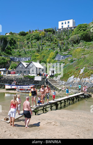 Urlauber der etwas hölzernen Brücke über den Fluß Gannel Crantock Beach in der Nähe von Newquay in Cornwall, Großbritannien Stockfoto