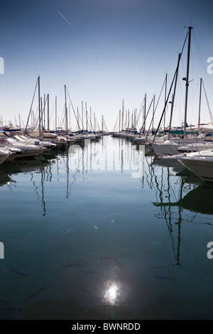 Fische schwimmen in der Sonne reflektiert Wasser inmitten der festgemachten Boote Hafen la Napoule, Mandelieu-la-Napoules, Frankreich Stockfoto