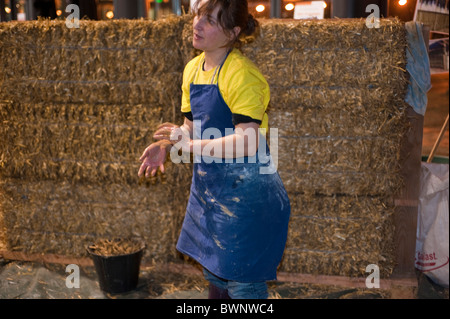 Paris, Frankreich, Fachmesse, „Salon Batir Ecologique“, Green Eco Buildings Products, Auftragen von Schlamm auf Strohwänden, energieeffiziente Isolierung von Häusern Stockfoto