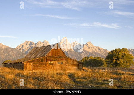 Mormon Zeile Scheune bei Sonnenaufgang mit Grand Teton hinter Stockfoto