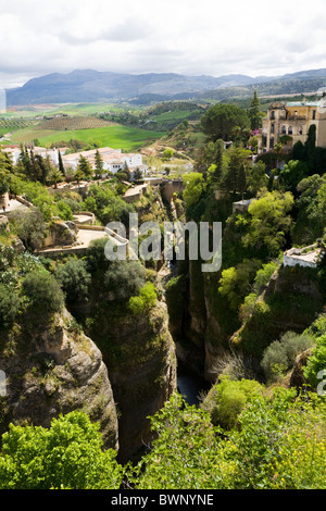 Berühmte El Tajo Schlucht – tiefe Schlucht in der spanischen Stadt Ronda – auf der Suche nach unten am Fluss Guadalevin – von Ronda. Spanien Stockfoto