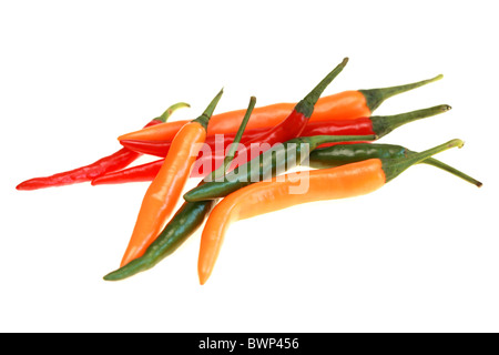 Frisches rohes Ungekocht bunte Hot spicy thai Chilis Zutaten zum Kochen Isoliert gegen einen weißen Hintergrund mit Freistellungspfaden und keine Leute Stockfoto