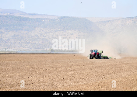 Israel, Hula-Tal, Traktor Pflüge und Kassen ein Feld Stockfoto