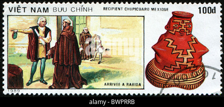 VIETNAM - CIRCA 1989: Eine Briefmarke gedruckt in Vietnam zeigt Arrive Rabida nach Mexiko, circa 1989 Stockfoto