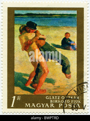 Ungarn - ca. 1968: eine Briefmarke gedruckt in Ungarn zeigt zeichnen von Glatz Oszkar - Kampf jungen, ca. 1968 Stockfoto