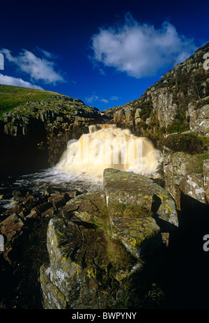 Ein Blick auf Kessel Schnauze Wasserfall und River Tees im oberen Teesdale, County Durham Stockfoto