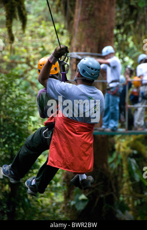 MITARBEITER MIT EINEM KIND IN EINER DSCHUNGEL-CANOPY-TOUR IN MONTEVERDE NEBELWALD. PROVINZ PUNTARENAS. Costa Rica Stockfoto