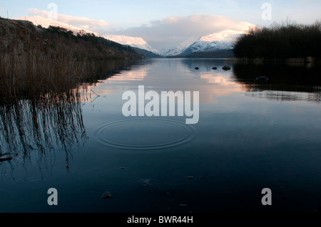 Sonnenuntergang über Snowdon und Llyn Padarn, Snowdonia, Stockfoto